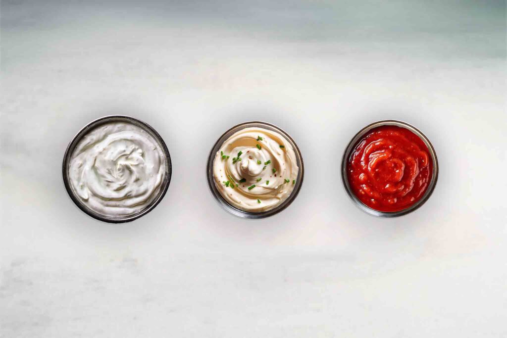 A selection of flavorful dipping sauces in various colors and textures, ready to accompany meals or sides.