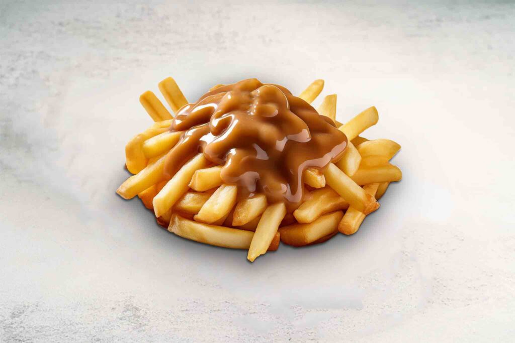 Plate of crispy seasoned chips topped with hot, rich gravy, offering a comforting snack with a perfect balance of warmth and flavor.