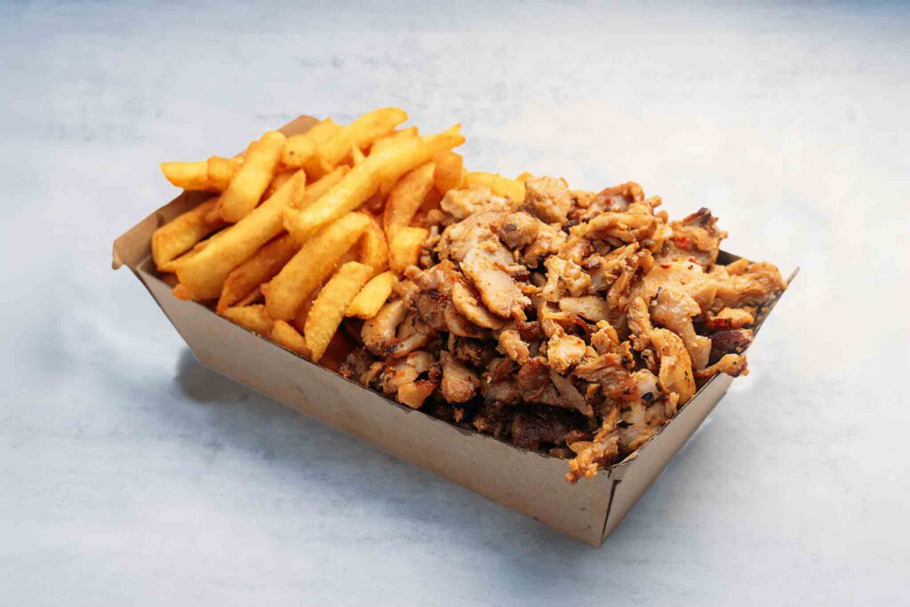 Meat & Chips/Rice dish with lamb, chicken, or mixed meat served with seasoned chips or cumin-infused basmati rice for a flavorful and satisfying meal.